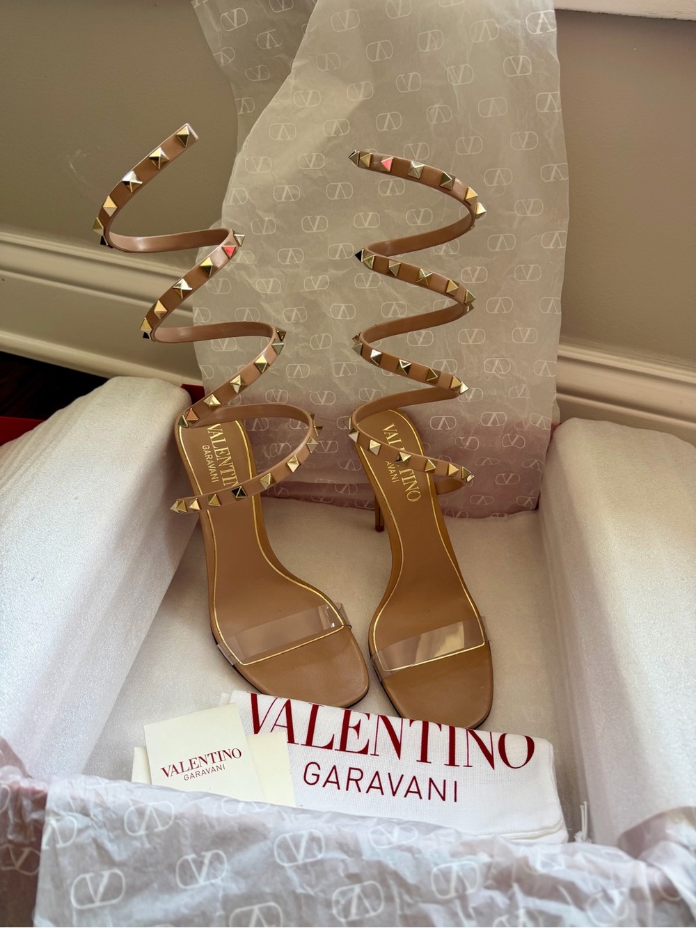 Valentino Garavani Nude Spiral Rockstud Wrap-Heel Sandals
